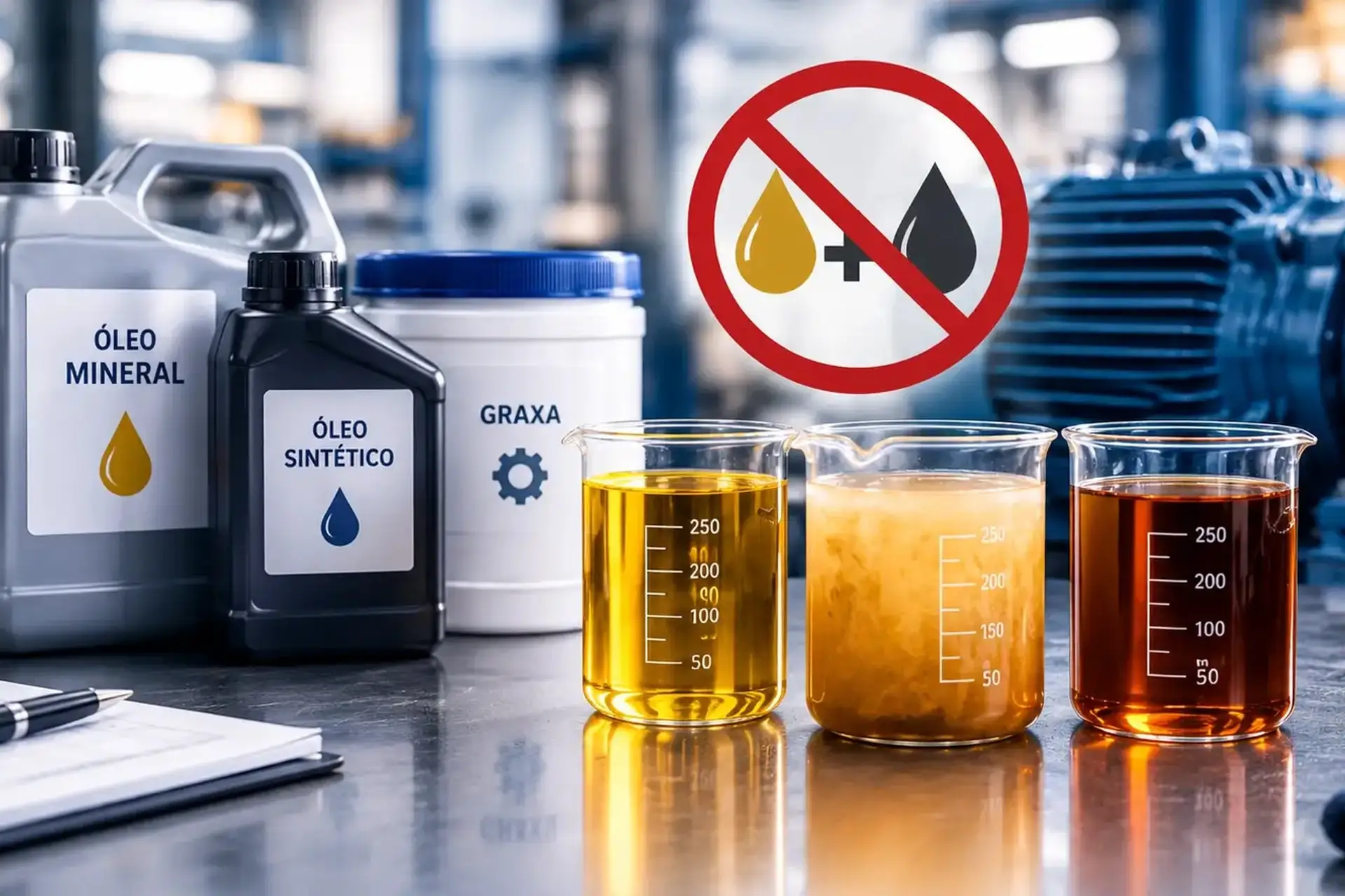 Em ambiente industrial, frascos de óleo mineral, óleo sintético e graxa ao lado de recipientes com líquidos; ao centro, um símbolo de proibição com gota e alerta para não misturar lubrificante.
