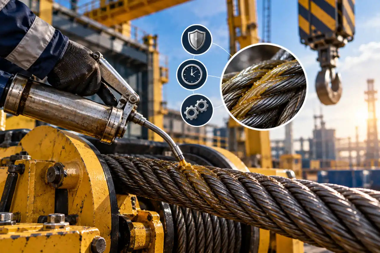 Trabalhador aplica lubrificante em um cabo de aço com equipamento industrial em um canteiro de obras; destaque para detalhes do cabo com foco em Lubrificação de cabos de aço.